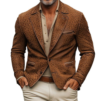 Vintage Leopard Suede Notch Lapel Multi-pocket Single Breasted Blazer