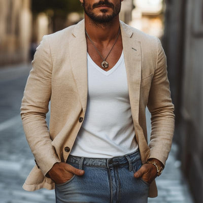 Casual Cotton Linen Notch Lapel Single-breasted Slim-fit Blazer