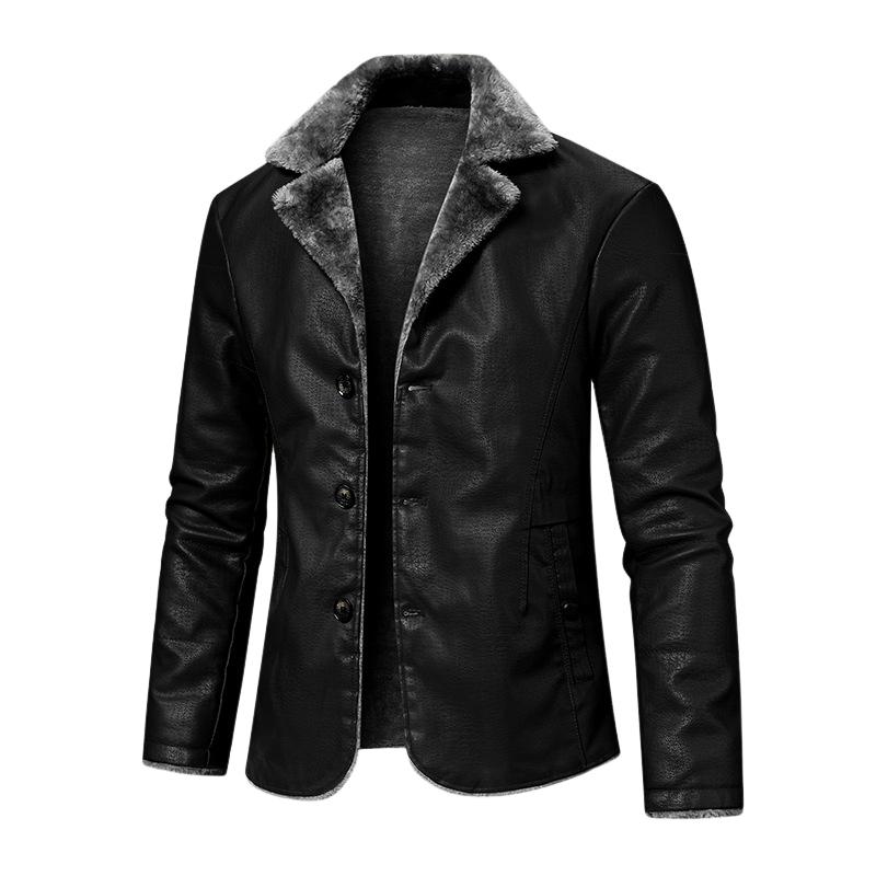 Retro Lapel Plush Lining Warm Leather Blazer