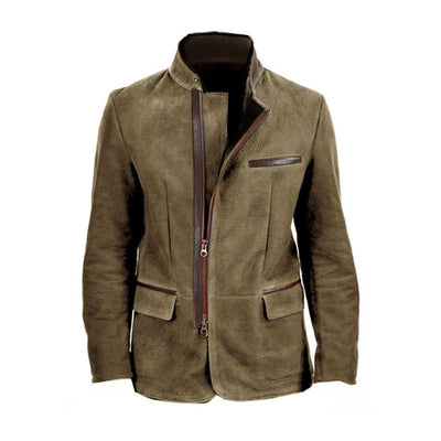 Vintage Stand Collar Suede Contrast Leather Zipper Placket Blazer