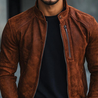 Men's Solid Color Suede Stand Collar Zipper Jacket