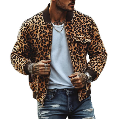 Men's Vintage Leopard Print Chest Pocket Bomber Jacket