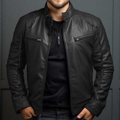 Men's Vintage Stand Collar Zipper Slim Leather Jacket