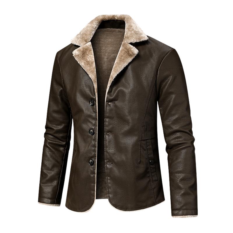 Retro Lapel Plush Lining Warm Leather Blazer