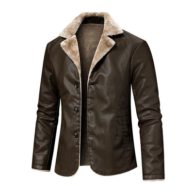 Retro Lapel Plush Lining Warm Leather Blazer