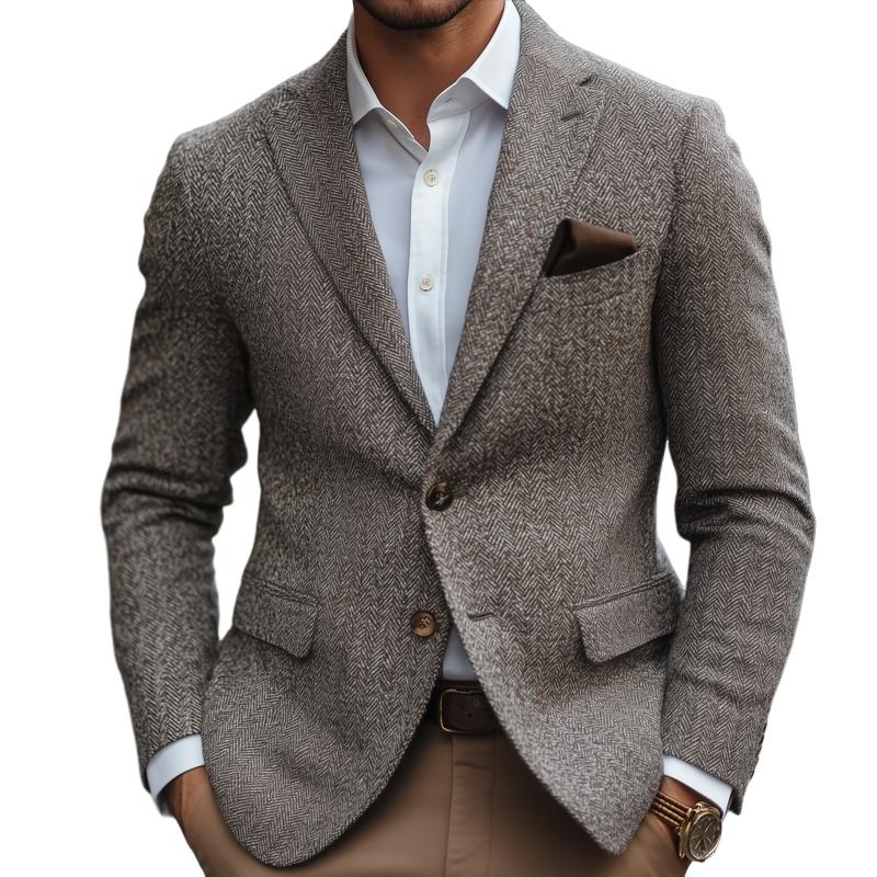 Vintage Herringbone Notch Lapel Two Buttons Slim Blazer