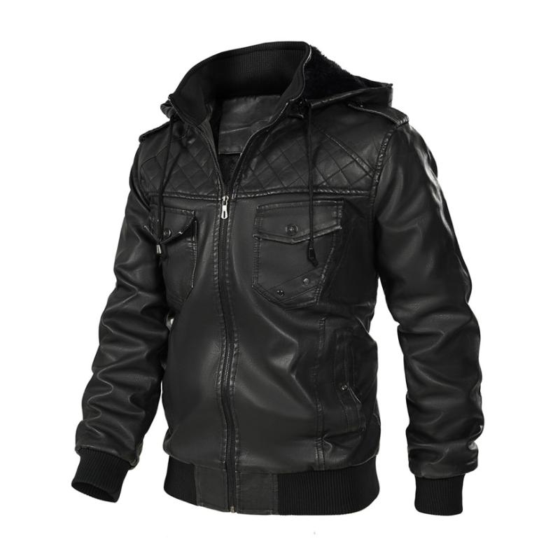 Men's Vintage Stand Collar Hooded Multi-Pocket Leather Jacket