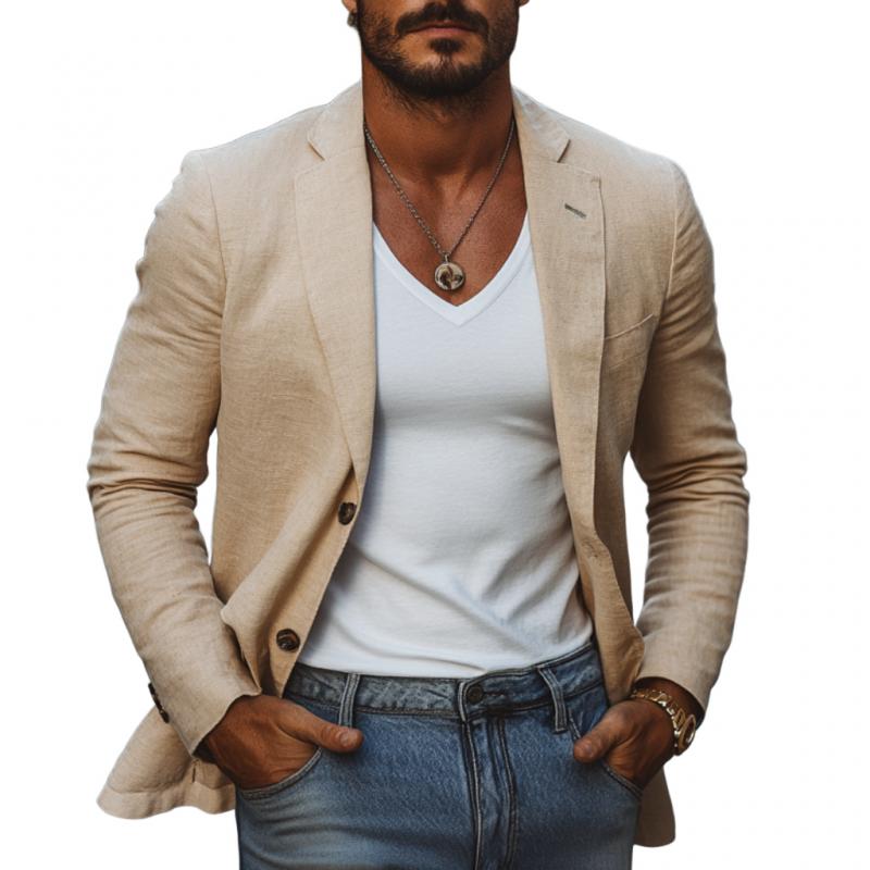 Casual Cotton Linen Notch Lapel Single-breasted Slim-fit Blazer