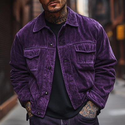 Men's Vintage Lapel Multi Pocket Solid Suede Jacket