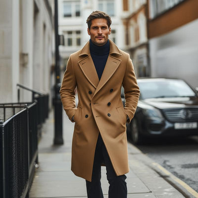 Men's Fashion Solid Lapel Double Breasted Long Coat 87497080Z