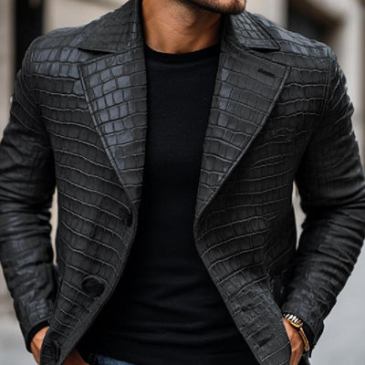 Vintage Stone Pattern Leather Notched Lapel Slim Fit Blazer