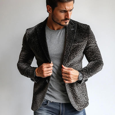 Vintage Velvet Leopard Print Peak Collar Single Breasted Blazer