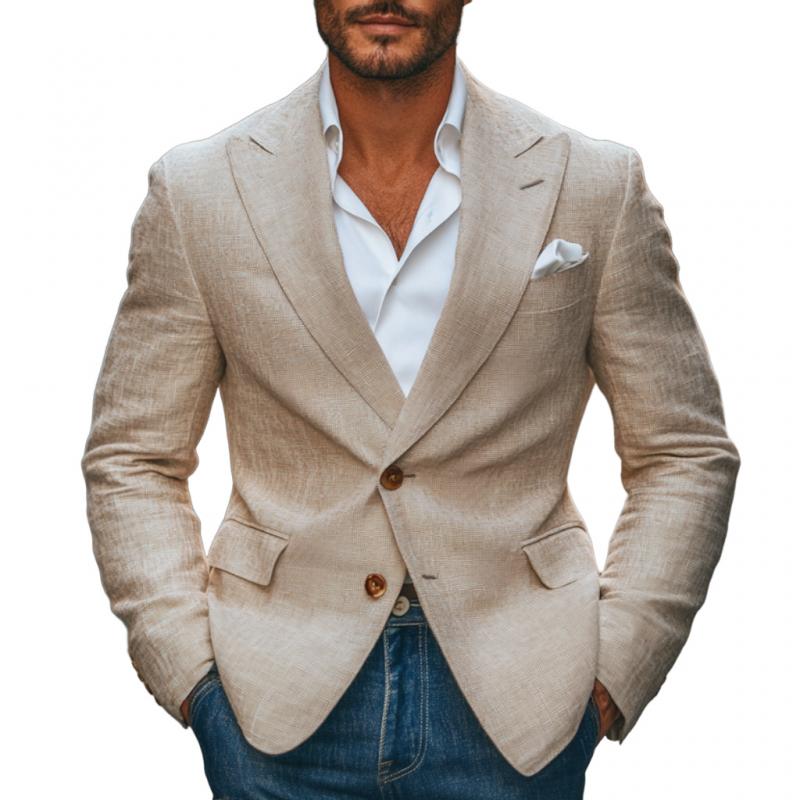 Vintage Cotton Linen Peaked Lapel Single-Breasted Slim-Fit Blazer