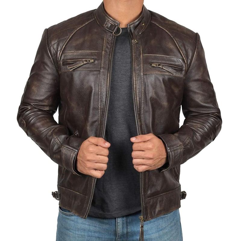 Men's Vintage Stand Collar Zipper Slim Fit Leather Biker Jacket