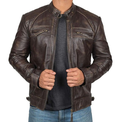 Men's Vintage Stand Collar Zipper Slim Fit Leather Biker Jacket