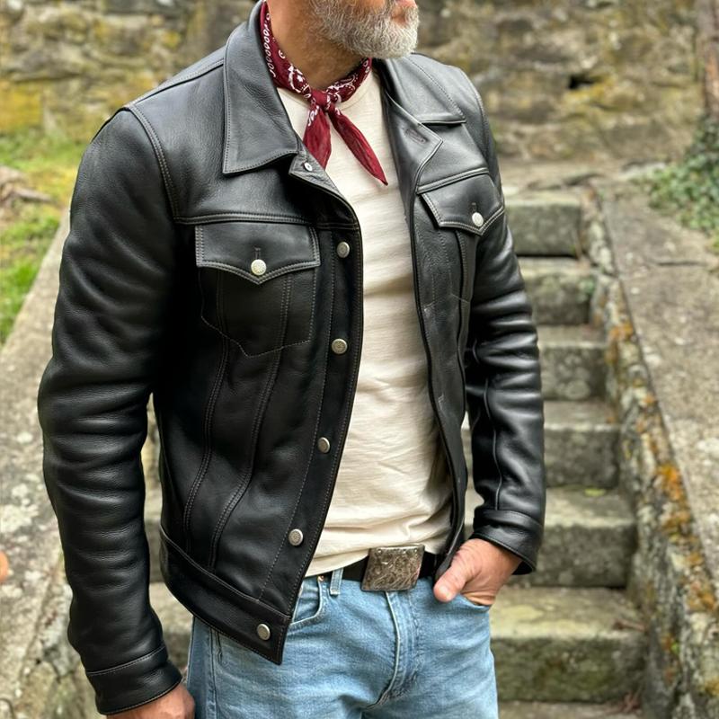 Men's Vintage Leather Lapel Chest Pocket Single Breasted Casual Jacket