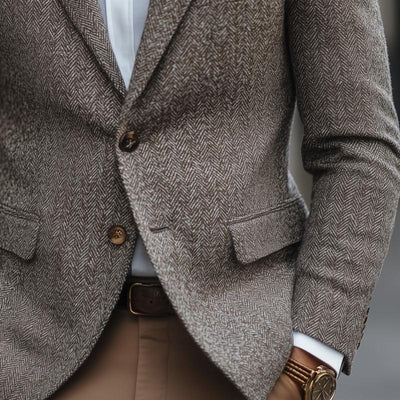 Vintage Herringbone Notch Lapel Two Buttons Slim Blazer
