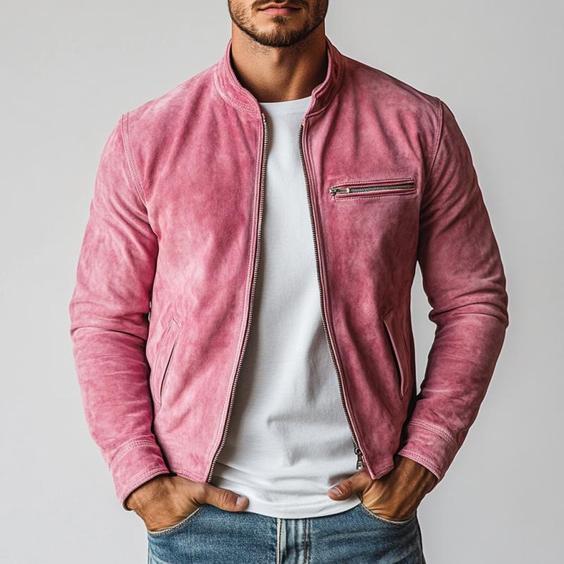 Men's Fashion Suede Stand Collar Multi-Pocket Jacket