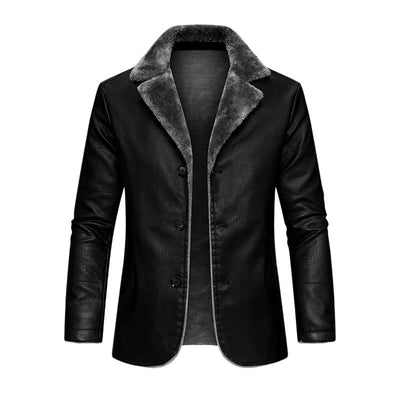 Retro Lapel Plush Lining Warm Leather Blazer