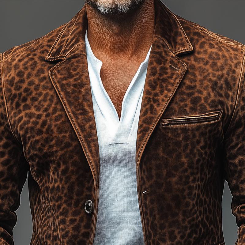 Vintage Leopard Suede  Notch Lapel Multi-pocket Single Breasted Blazer