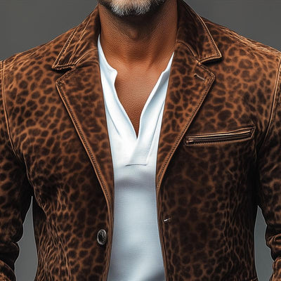 Vintage Leopard Suede  Notch Lapel Multi-pocket Single Breasted Blazer