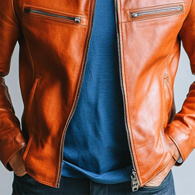 Men's Classic Casual Slim Stand Collar Leather Jacket