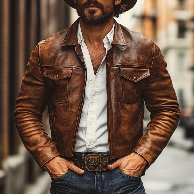 Men's Vintage Lapel Zipper Slim Fit Distressed Leather Jacket