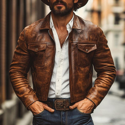Men's Vintage Lapel Zipper Slim Fit Distressed Leather Jacket