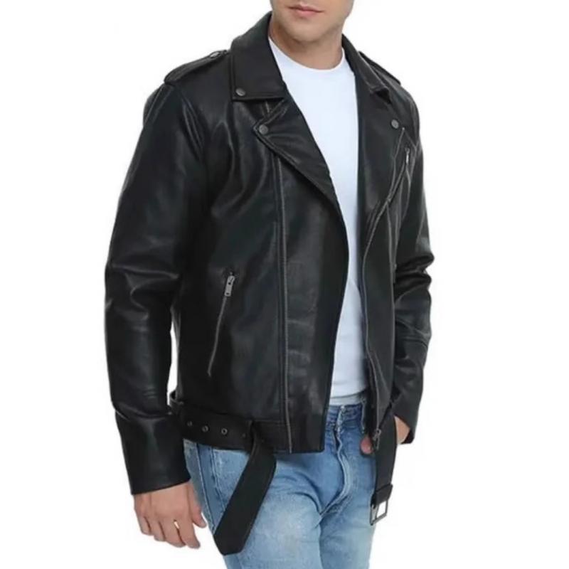 Men's Stylish Notch Lapel Zip-up Leather Motorcycle Jacket