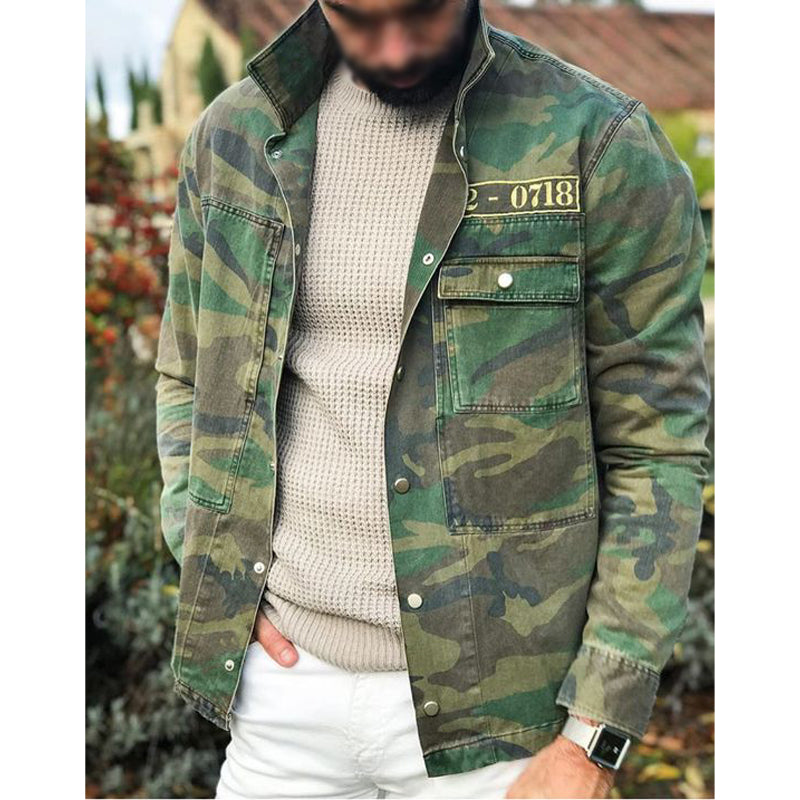 Men's Vintage Camo Lapel Multi-Pocket Jacket
